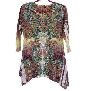 Cactus Brand Women's Size M Paisley Top Embellished V-Neck Tunic